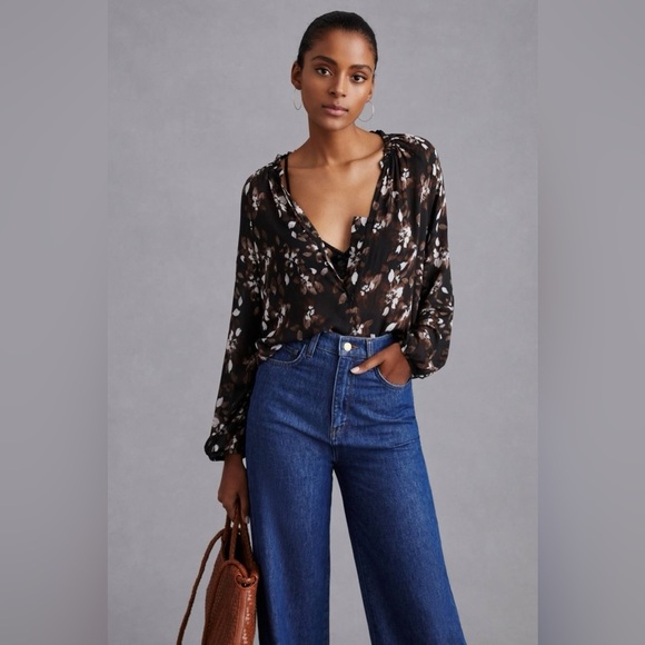 NWT Anthropologie Cloth and Stone Dark Romantic Black Brown Floral Blouse XXS - Picture 2 of 9